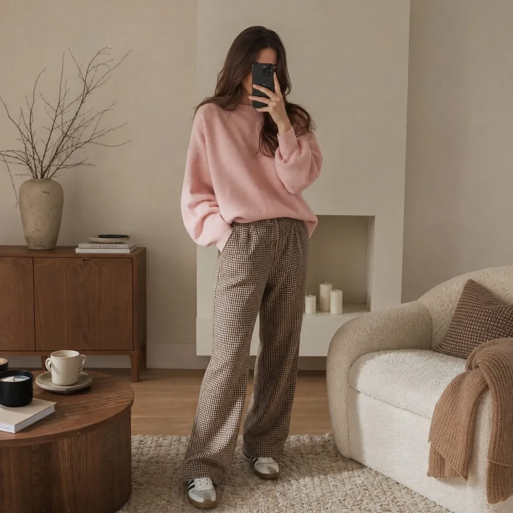 Fall Pants Outfits for Women 2026 Soft Pink Sweater With Houndstooth Check Trousers for Feminine Warmth