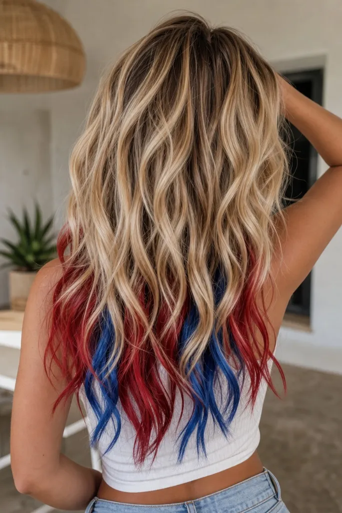 July Hair Color Ideas 2026 Red White and Blue Tips With Patriotic Summer Spirit