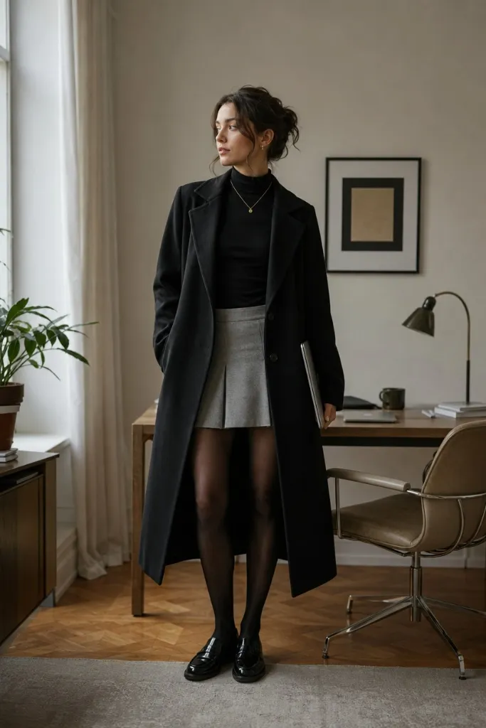 Fall Office Outfit Ideas for Women 2026 Long Black Coat Over a Gray Pleated Mini Skirt
