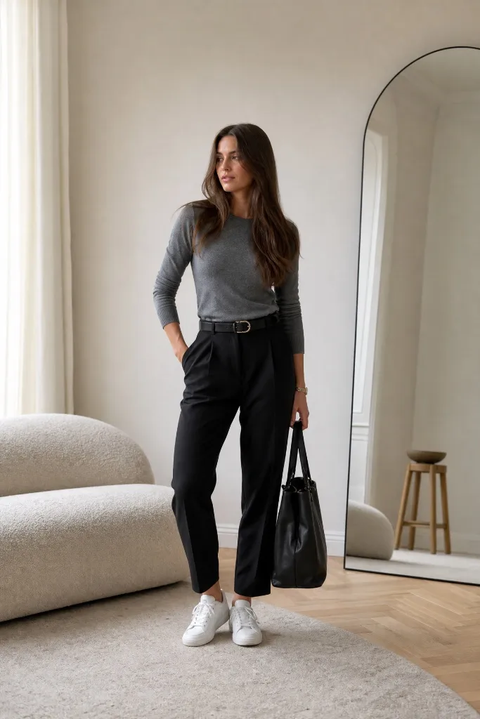 Fall Pants Outfits for Women 2026 Grey Fitted Knit With Black Tapered Trousers for Minimalist Polish