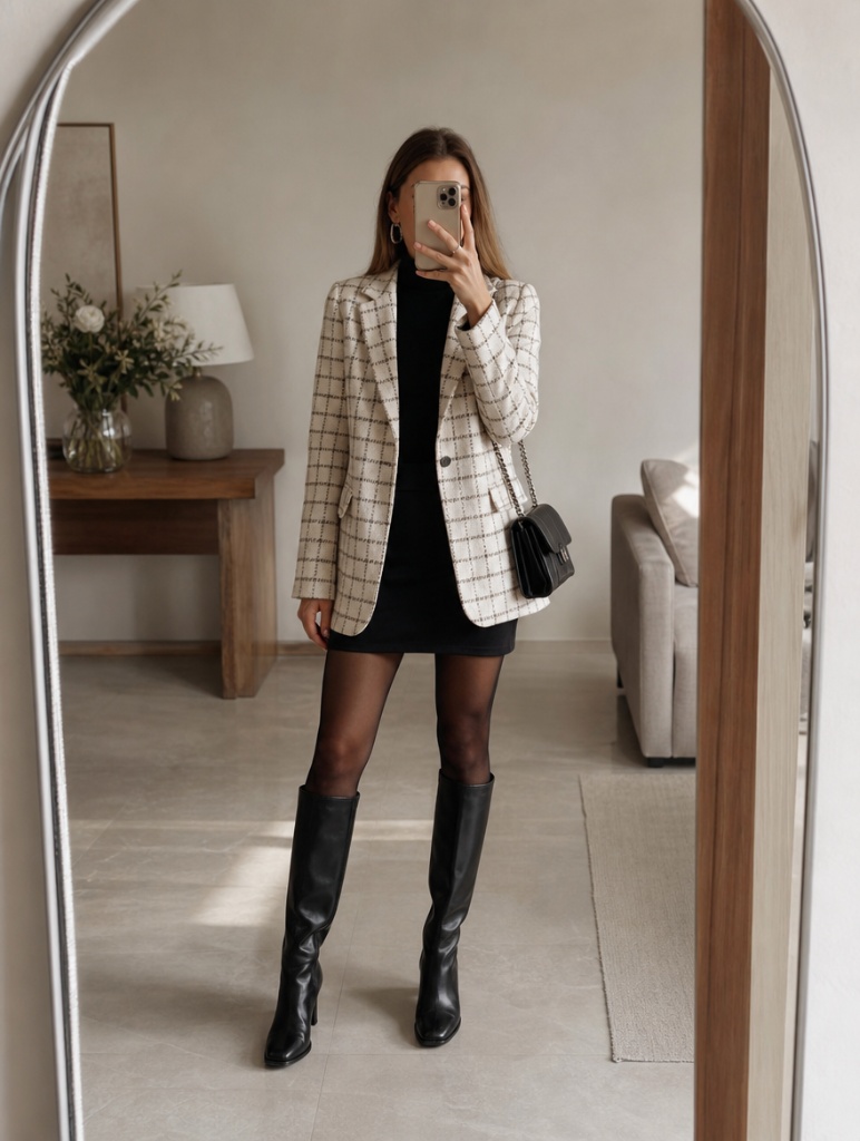All Outfits with Boots 2026 Tweed Blazer and Black Mini for Sleek Mirror-Selfie Boots