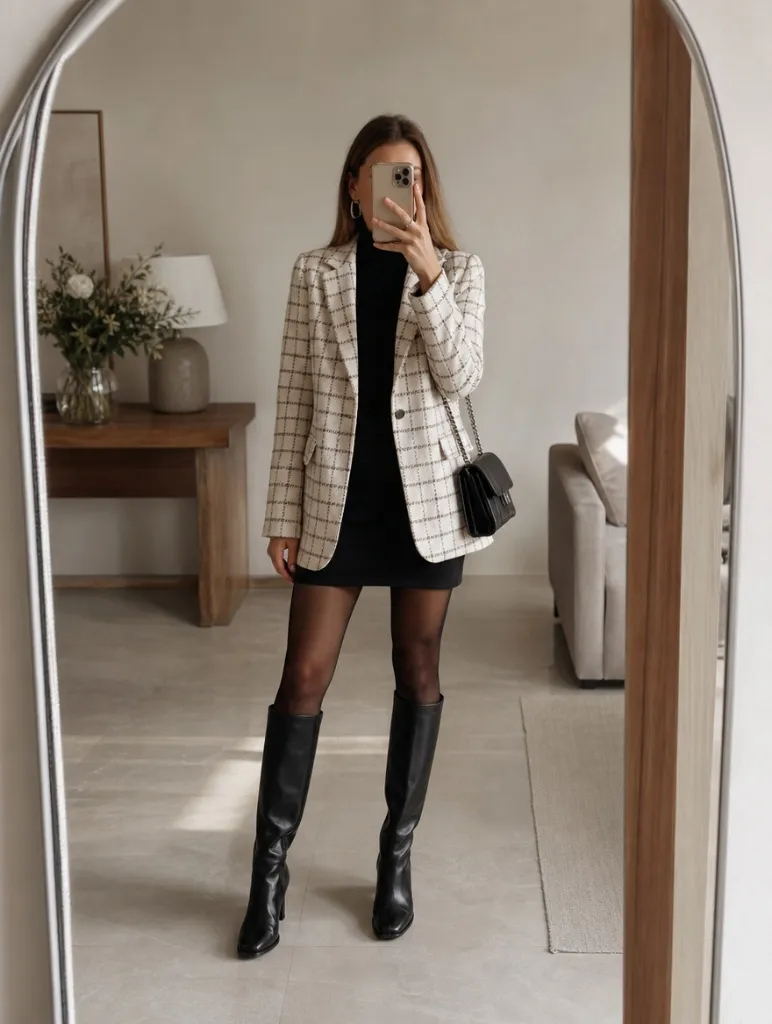 All Outfits with Boots 2026 Tweed Blazer and Black Mini for Sleek Mirror-Selfie Boots