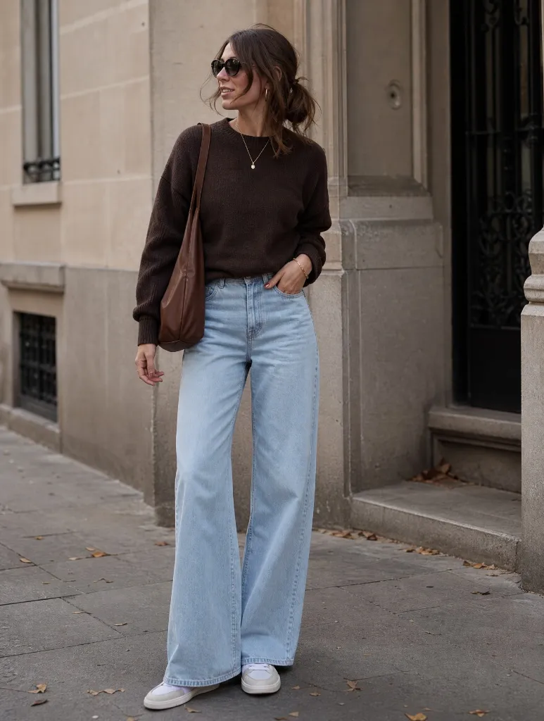 Fall Pants Outfits for Women 2026 Dark Brown Sweater With Light Wash Wide-Leg Jeans for Everyday Warmth