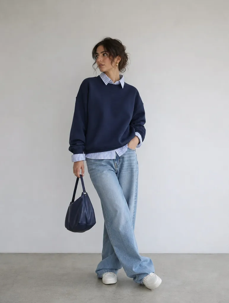 Fall Outfits with Jeans 2026 Navy Sweatshirt Layered Over Striped Shirt With Wide Light Jeans