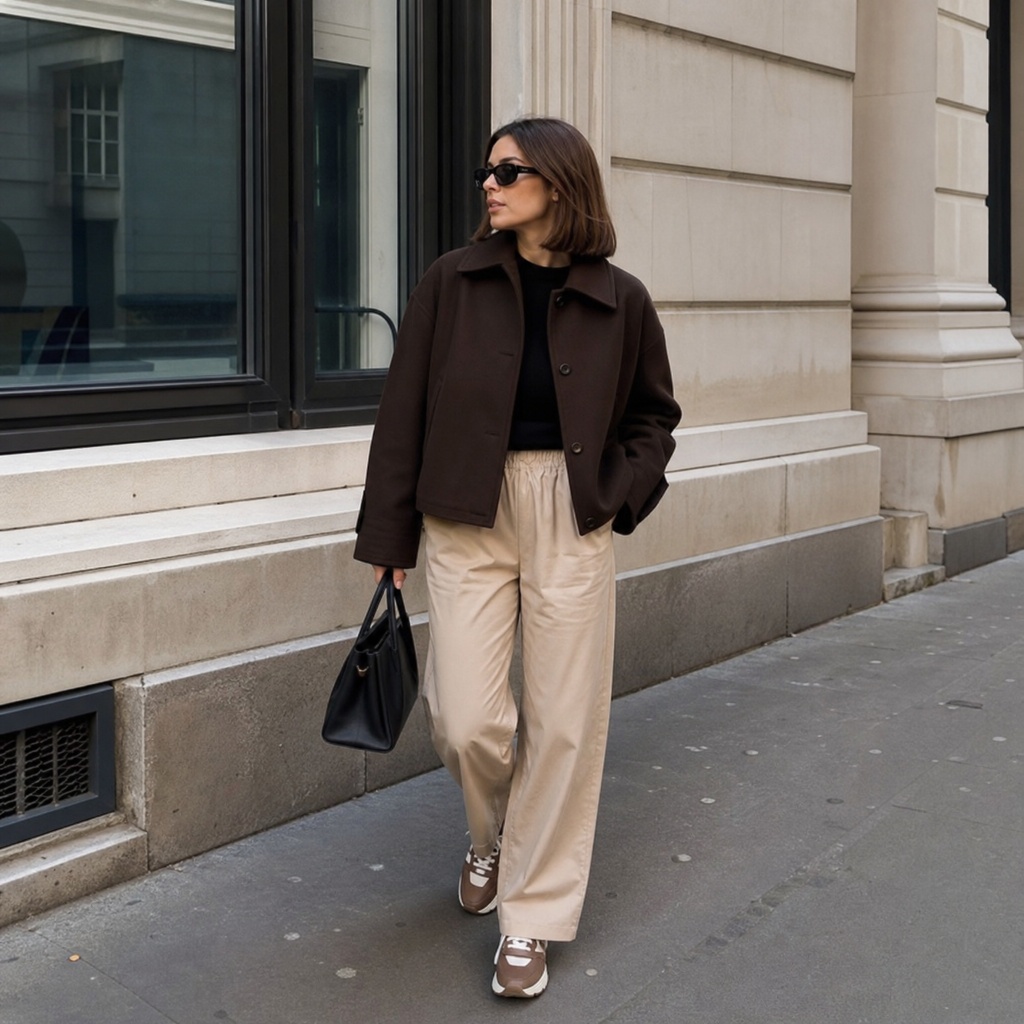 Fall Pants Outfits for Women 2026 Dark Chocolate Cropped Jacket With Beige Relaxed Pants for City Walks