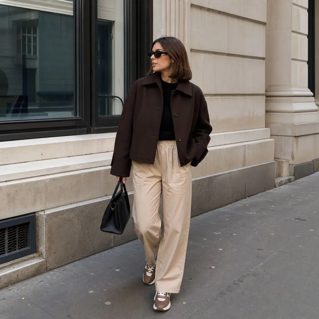 Fall Pants Outfits for Women 2026 Dark Chocolate Cropped Jacket With Beige Relaxed Pants for City Walks