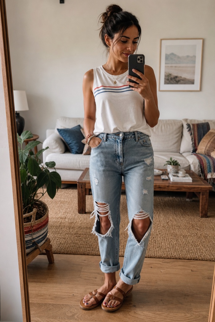 July 2026 Fashion Trends Striped Tank and Distressed Mom Jeans With Laid-Back Coastal Living