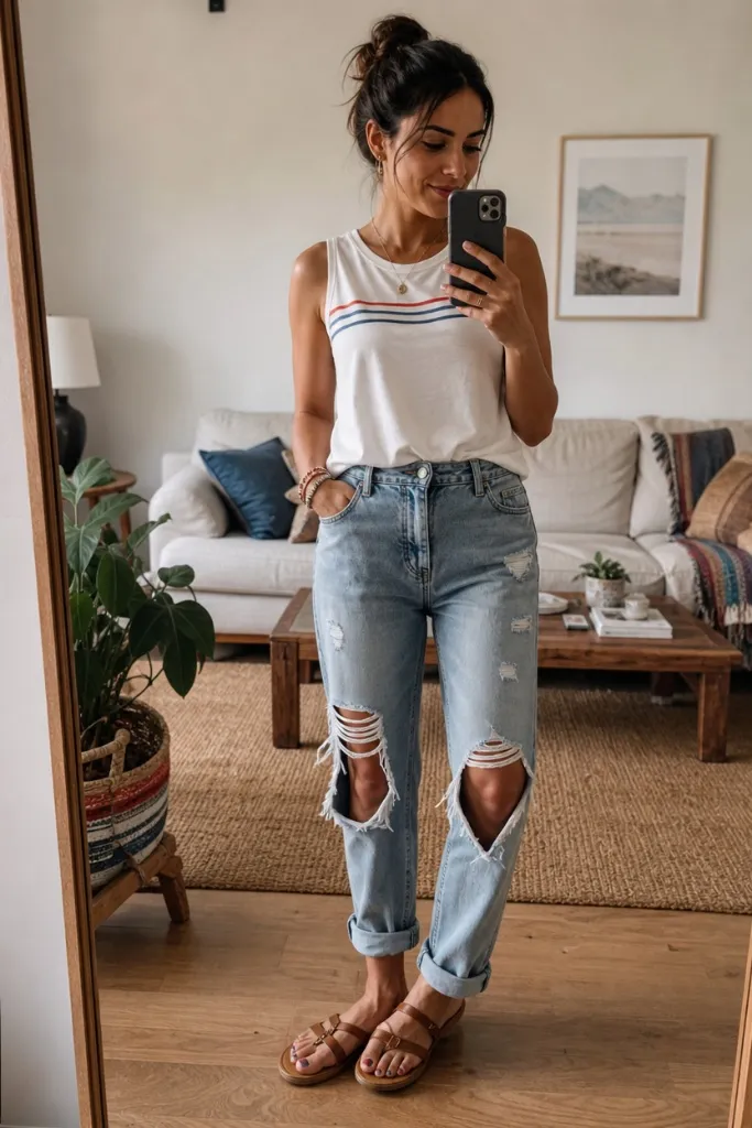 July 2026 Fashion Trends Striped Tank and Distressed Mom Jeans With Laid-Back Coastal Living