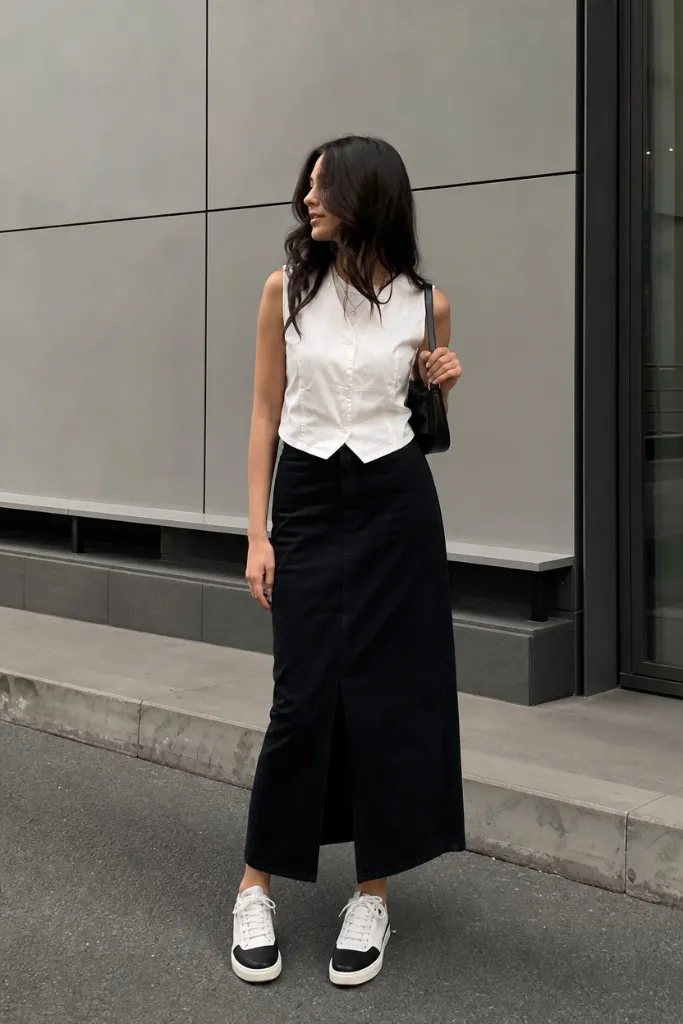 Back-to-School Outfits 2026 White Waistcoat and Black Maxi Skirt With Downtown Polish