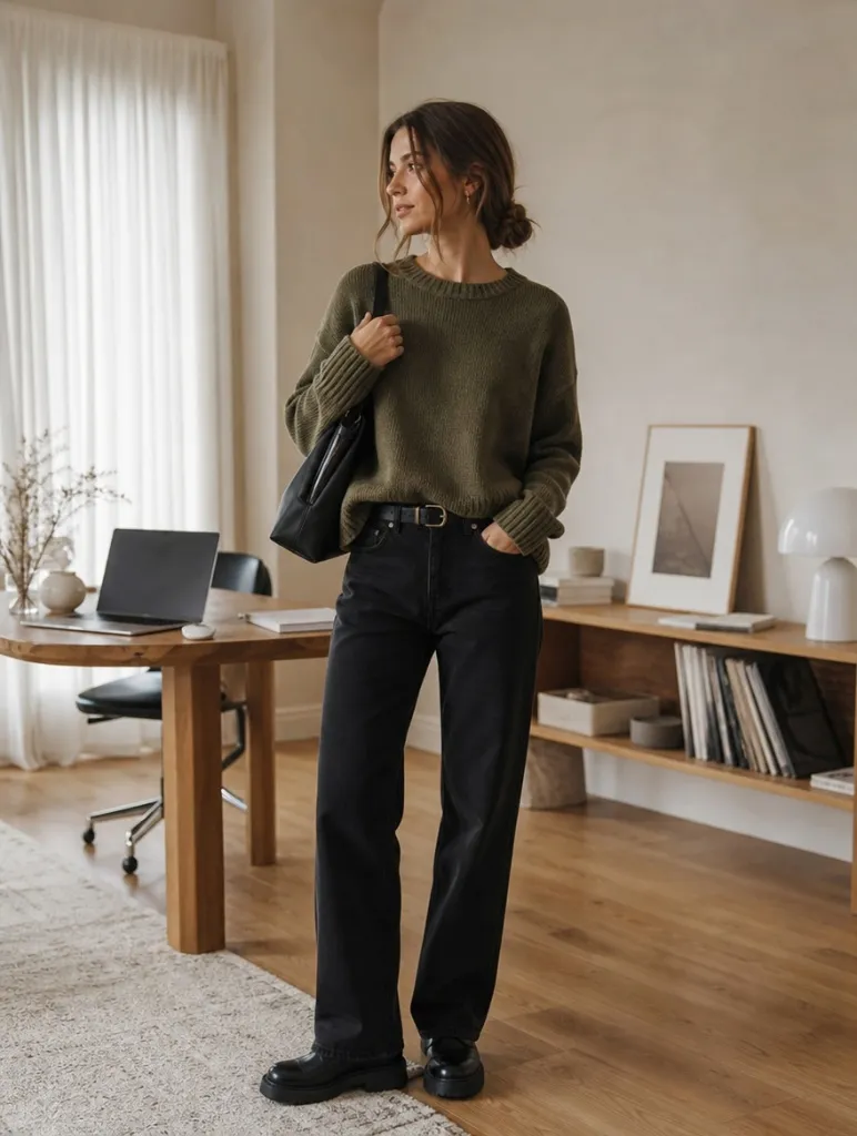 Fall Office Outfit Ideas for Women 2026 Olive Knit With Black Wide-Leg Denim and Loafers