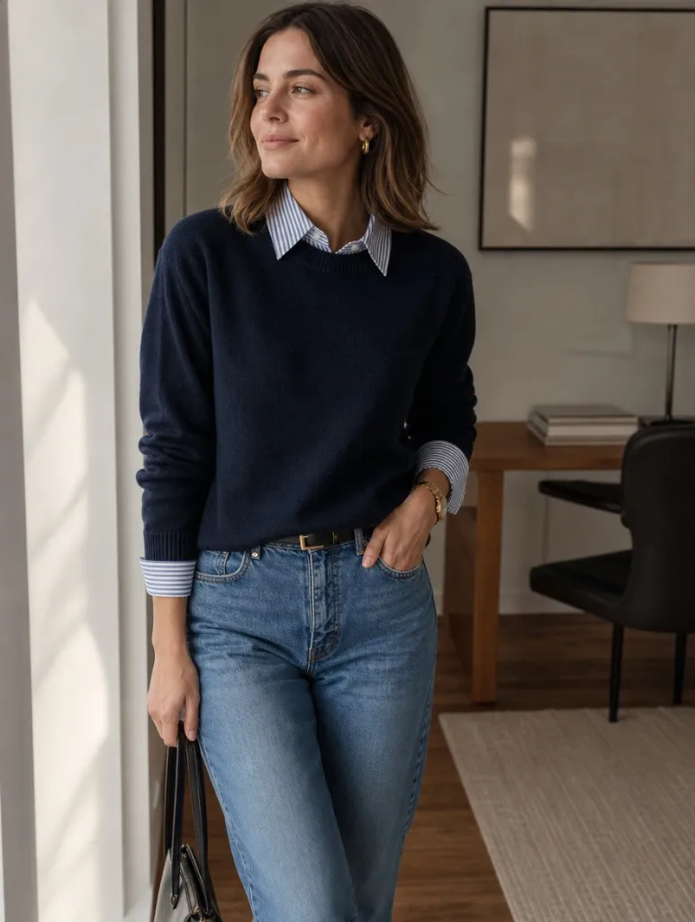 Fall Outfits with Blues for Work 2026 Navy Crew-Neck Sweater Over Striped Shirt With Warm Intelligence