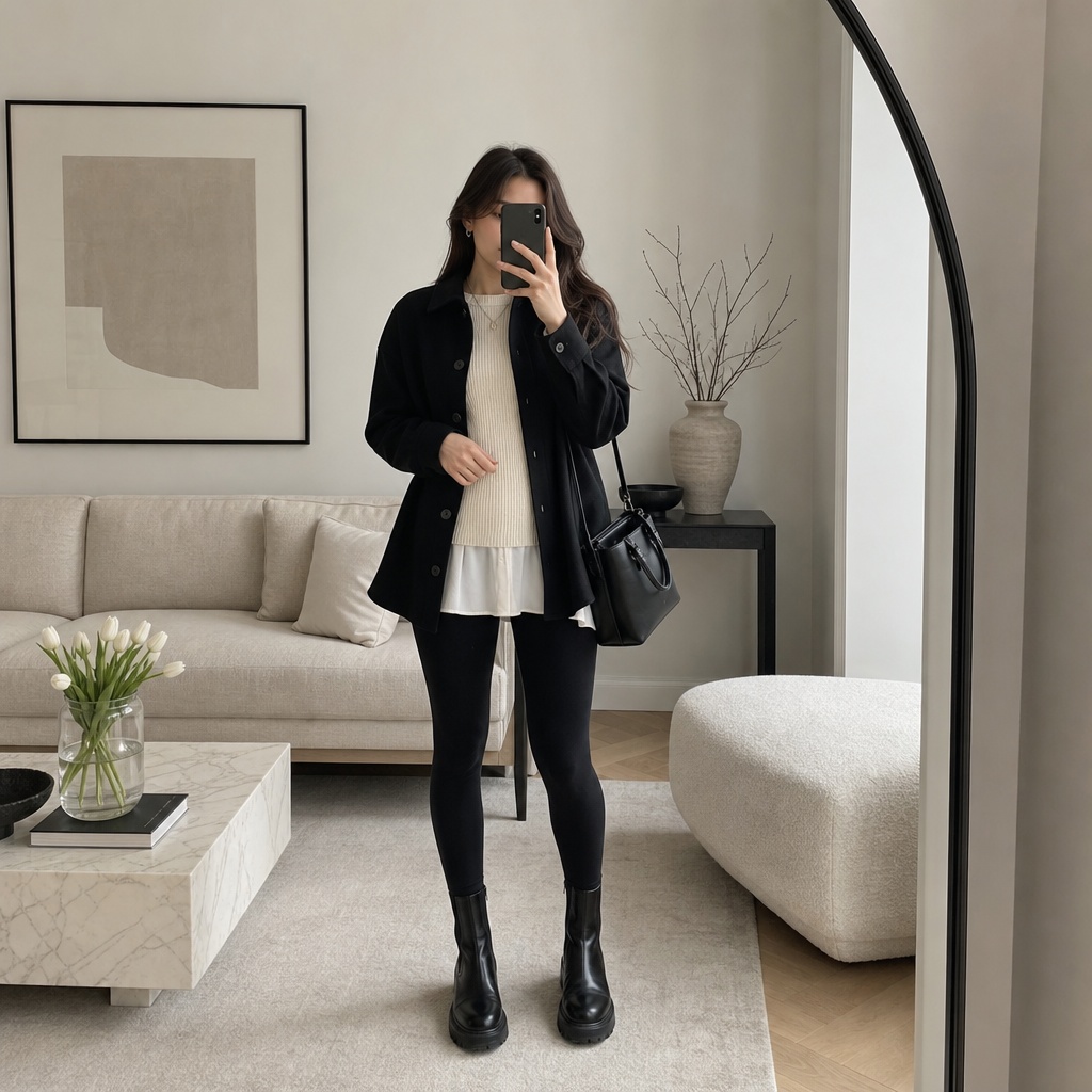 Fall Outfit Ideas with Leggings and Boots 2026 Black Shirt Jacket With Layered-Neutral Ease