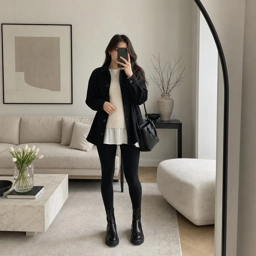 Fall Outfit Ideas with Leggings and Boots 2026 Black Shirt Jacket With Layered-Neutral Ease