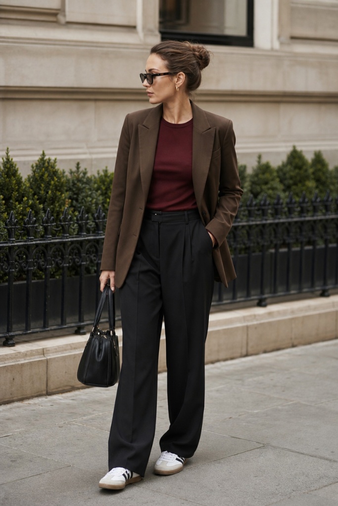 Casual Fall Work Outfits 2026 Brown Blazer With Burgundy Tee and Charcoal Trousers for Rich Autumn Warmth