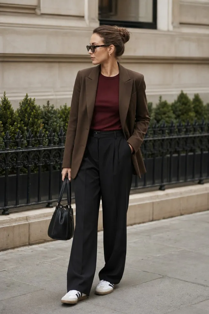 Casual Fall Work Outfits 2026 Brown Blazer With Burgundy Tee and Charcoal Trousers for Rich Autumn Warmth