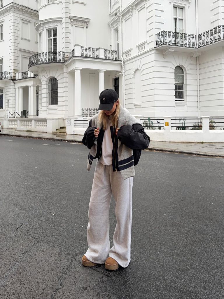 Fall Outfits with Sweater 2026 Oatmeal Varsity Bomber With Cozy Sweatpants