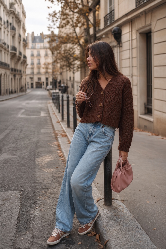 Fall Outfits with Sneakers and Jeans 2026 Brown Cardigan With Parisian Street Charm