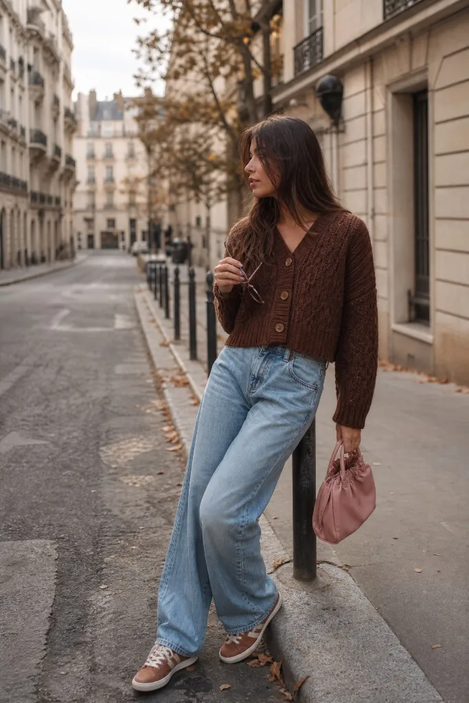 Fall Outfits with Sneakers and Jeans 2026 Brown Cardigan With Parisian Street Charm