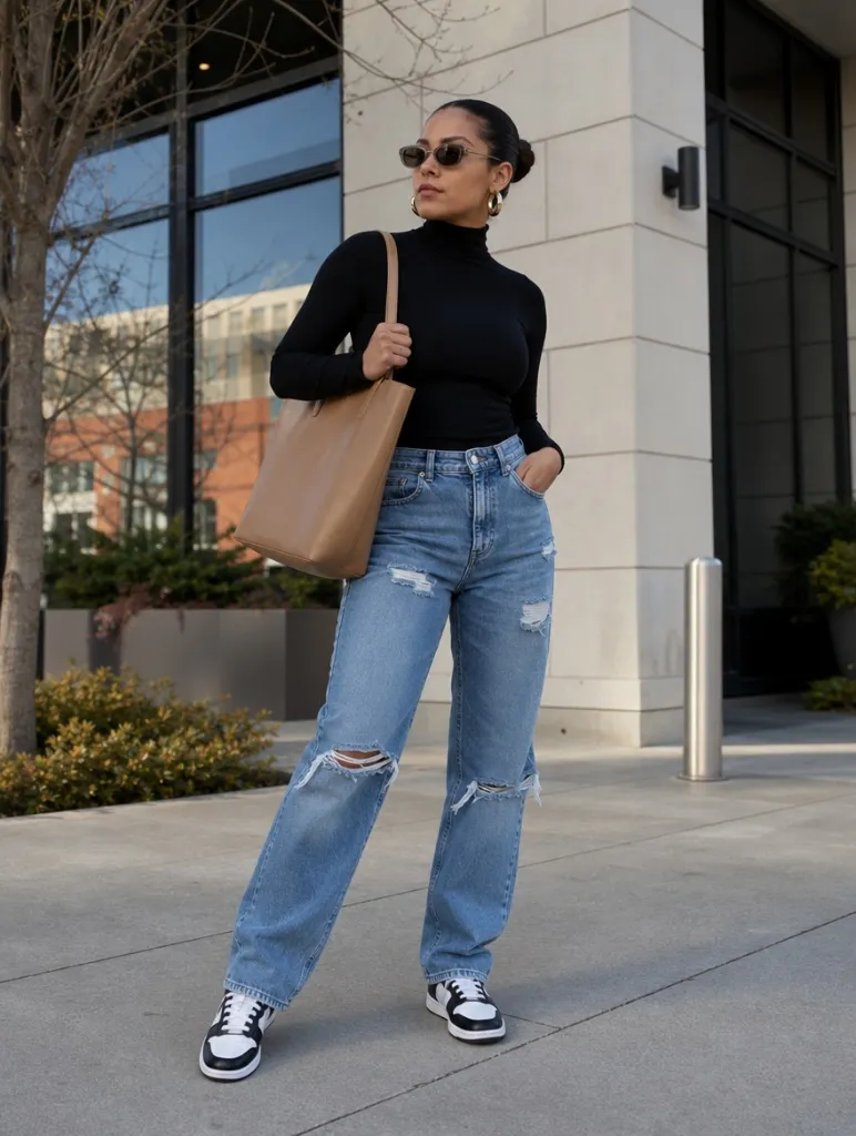 Fall Outfits with Jeans 2026 Black Turtleneck With Distressed Light Jeans and Sneakers
