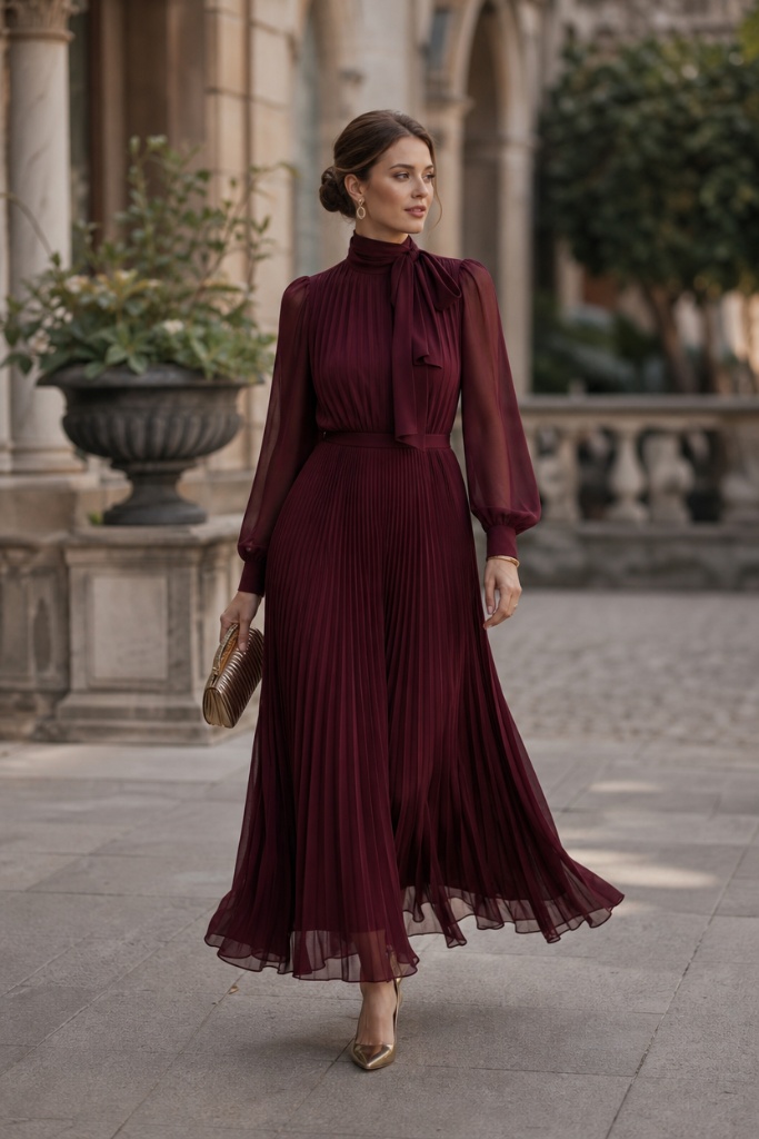 Fall Wedding Guest Dresses 2026 Burgundy Pleated Chiffon Maxi With Pussy Bow and Sheer Sleeves