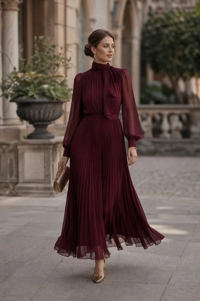 Fall Wedding Guest Dresses 2026 Burgundy Pleated Chiffon Maxi With Pussy Bow and Sheer Sleeves