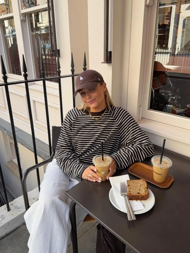 Fall Outfits with Sweater 2026 Striped Café Tee With an LA Cap and White Denim
