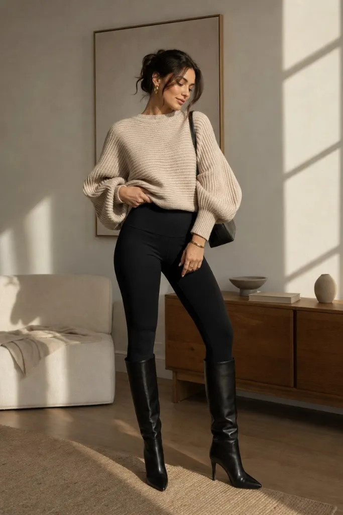 Fall Outfit Ideas with Leggings and Boots 2026 Beige Ribbed Sweater With Golden-Hour Glow