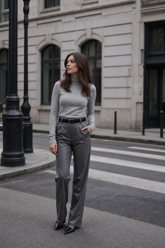 Fall Office Outfit Ideas for Women 2026 Gray Turtleneck With Sleek Faux Leather Trousers