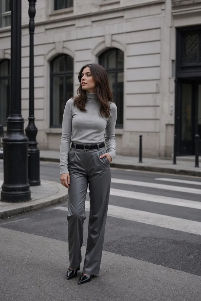 Fall Office Outfit Ideas for Women 2026 Gray Turtleneck With Sleek Faux Leather Trousers