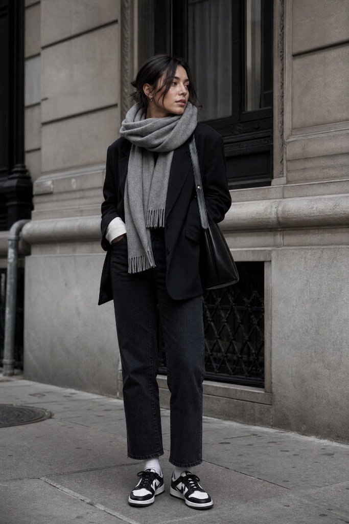 Fall Outfits with Sneakers and Jeans 2026 Black Blazer With Grey Scarf Layering