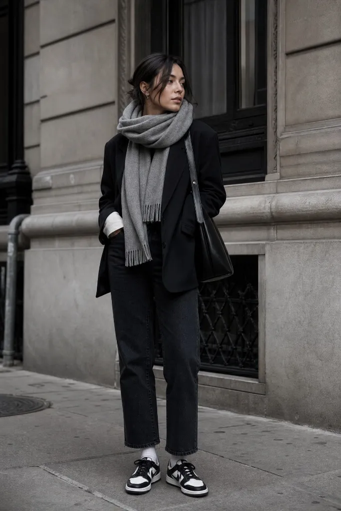 Fall Outfits with Sneakers and Jeans 2026 Black Blazer With Grey Scarf Layering
