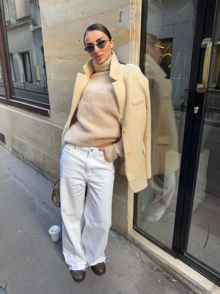 Fall Outfits With Coat 2026 Cream Bouclé Coat With a Soft Turtleneck and Wide-Leg Whites