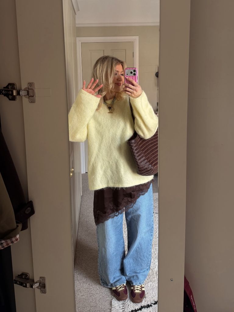 Fall Outfits with Sweater 2026 Pale Yellow Mohair With Lace Slip and Barrel Jeans