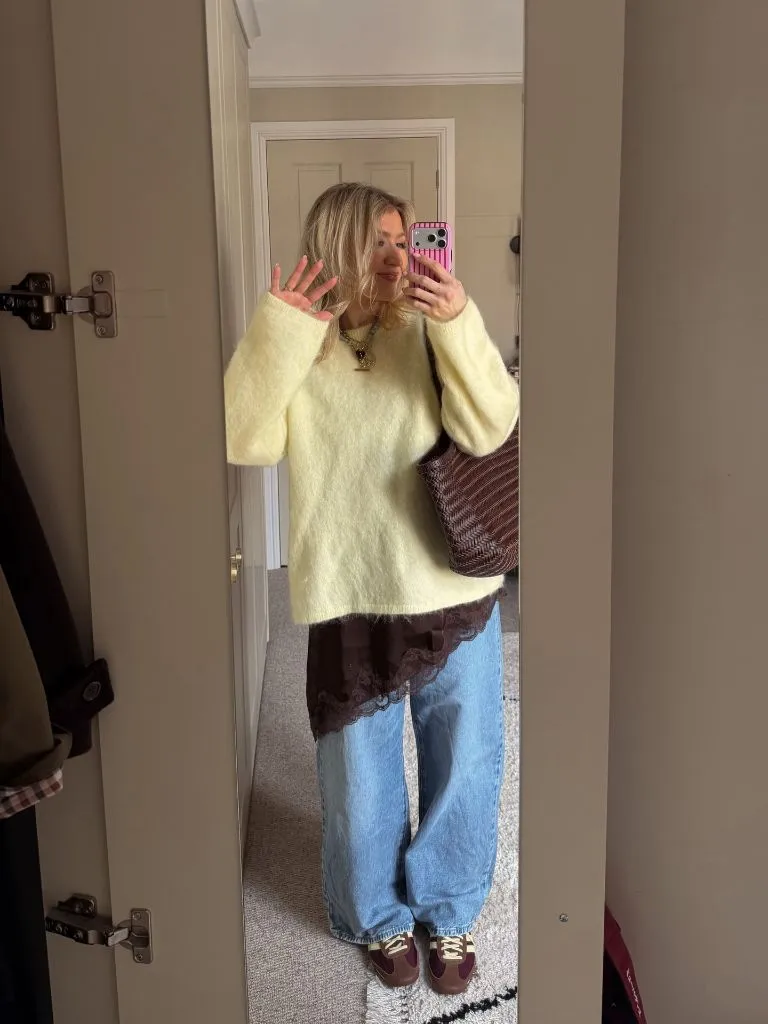 Fall Outfits with Sweater 2026 Pale Yellow Mohair With Lace Slip and Barrel Jeans