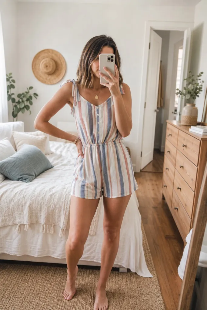July Outfits Ideas 2026 Striped Linen Romper With Tie Shoulders and Barefoot Ease