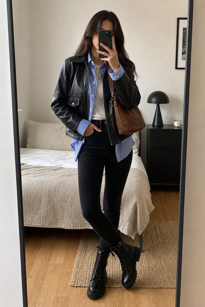 Fall Outfit Ideas with Leggings and Boots 2026 Black Leather Jacket With Striped-Shirt Layering