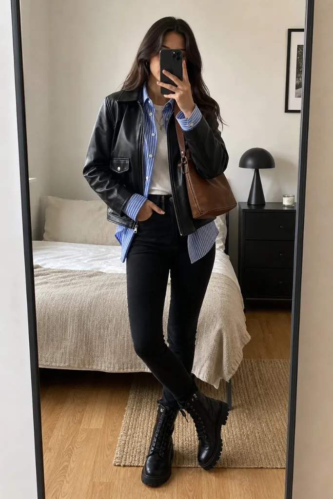Fall Outfit Ideas with Leggings and Boots 2026 Black Leather Jacket With Striped-Shirt Layering