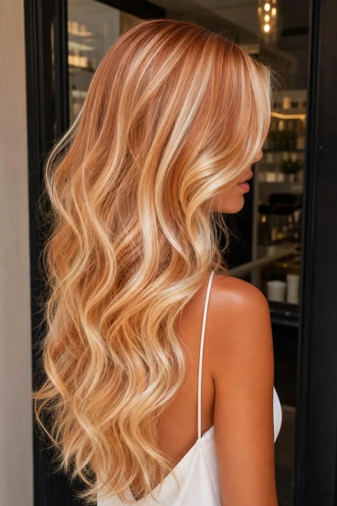 July Hair Color Ideas 2026 Strawberry Blonde Waves With Warm Summer Elegance