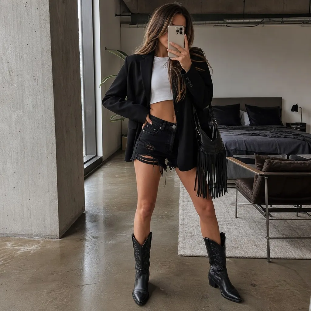 All Outfits with Boots 2026 Black Blazer and Distressed Shorts for Western Boots