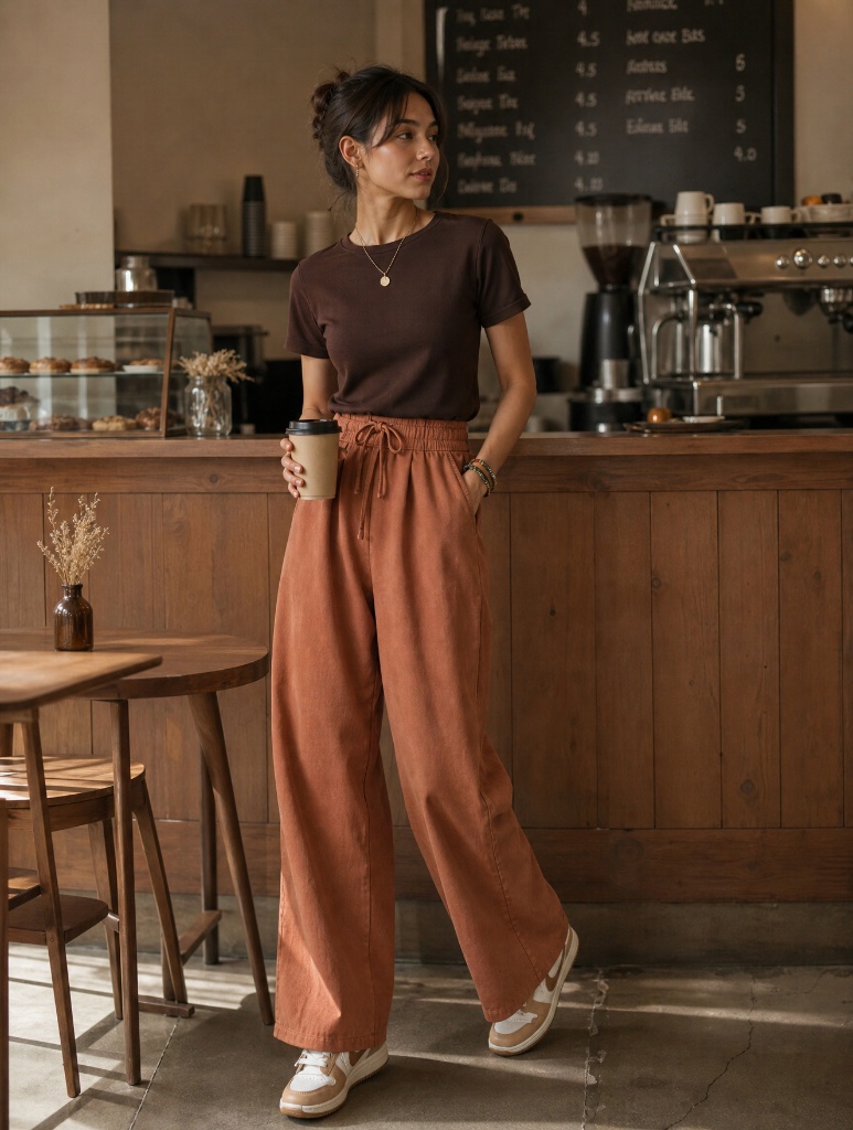 Fall Outfits with Pants 2026 Terracotta Wide-Leg Pants With Chocolate Brown Tee
