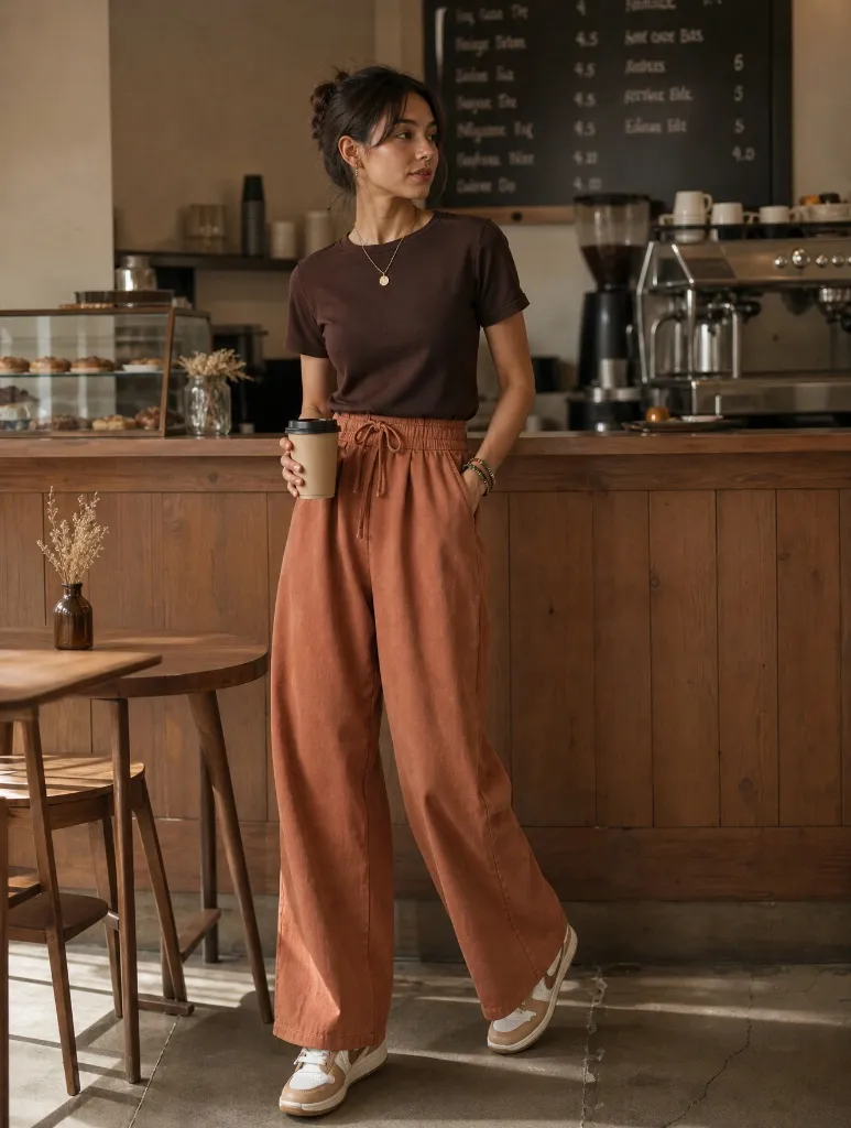 Fall Outfits with Pants 2026 Terracotta Wide-Leg Pants With Chocolate Brown Tee