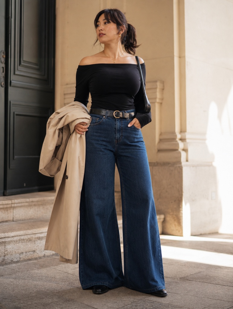 Fall Outfit Ideas for Big Busted Women 2026 Off-Shoulder Black Top With Trench And Dark Denim