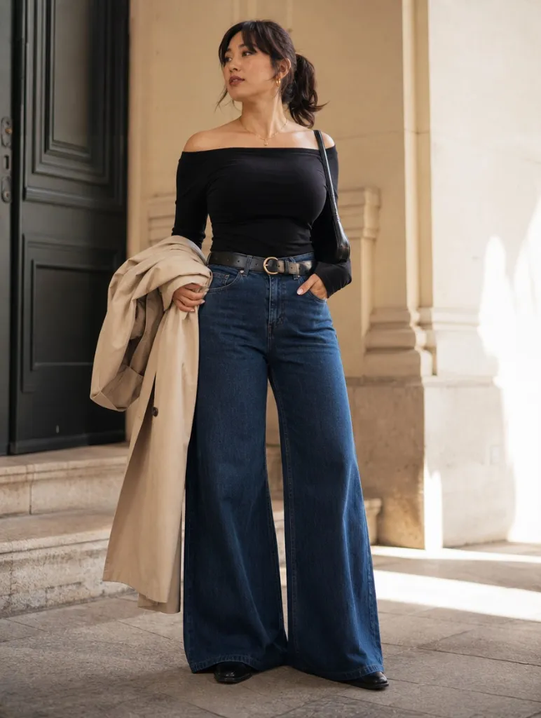Fall Outfit Ideas for Big Busted Women 2026 Off-Shoulder Black Top With Trench And Dark Denim