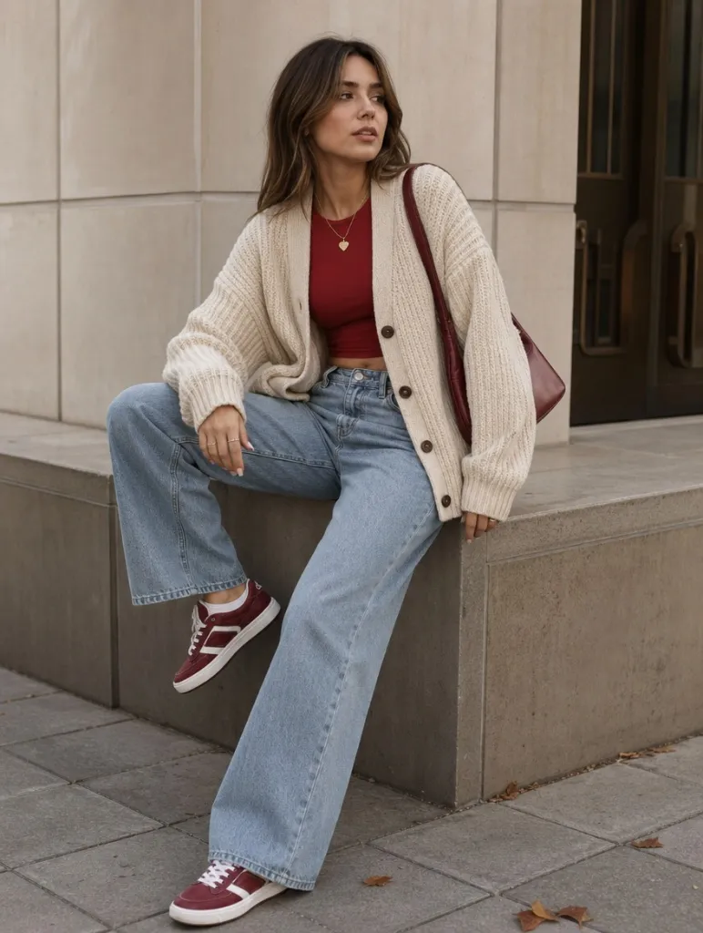 Fall Outfits with Jeans 2026 Cream Cardigan With Red Tank and Wide-Leg Jeans