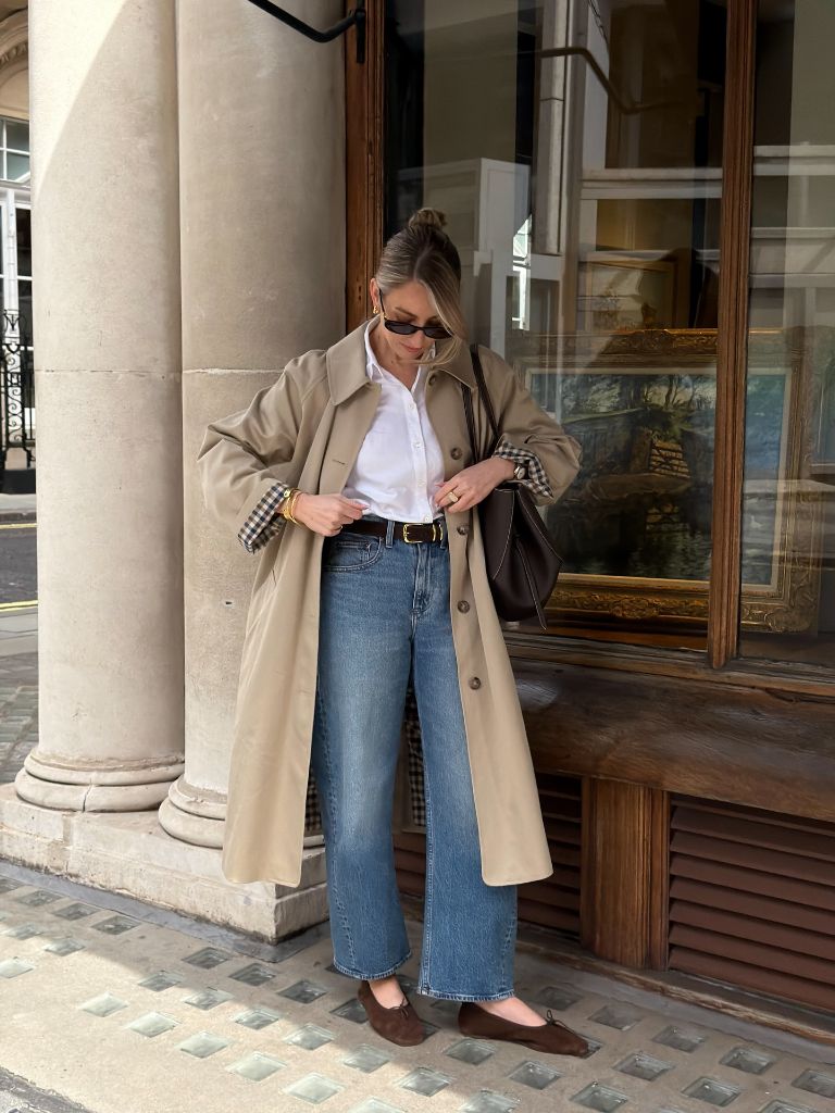 Fall Outfits With Coat 2026 Khaki Trench Full-Length With Oxford Wide Jeans and Ballet Flats