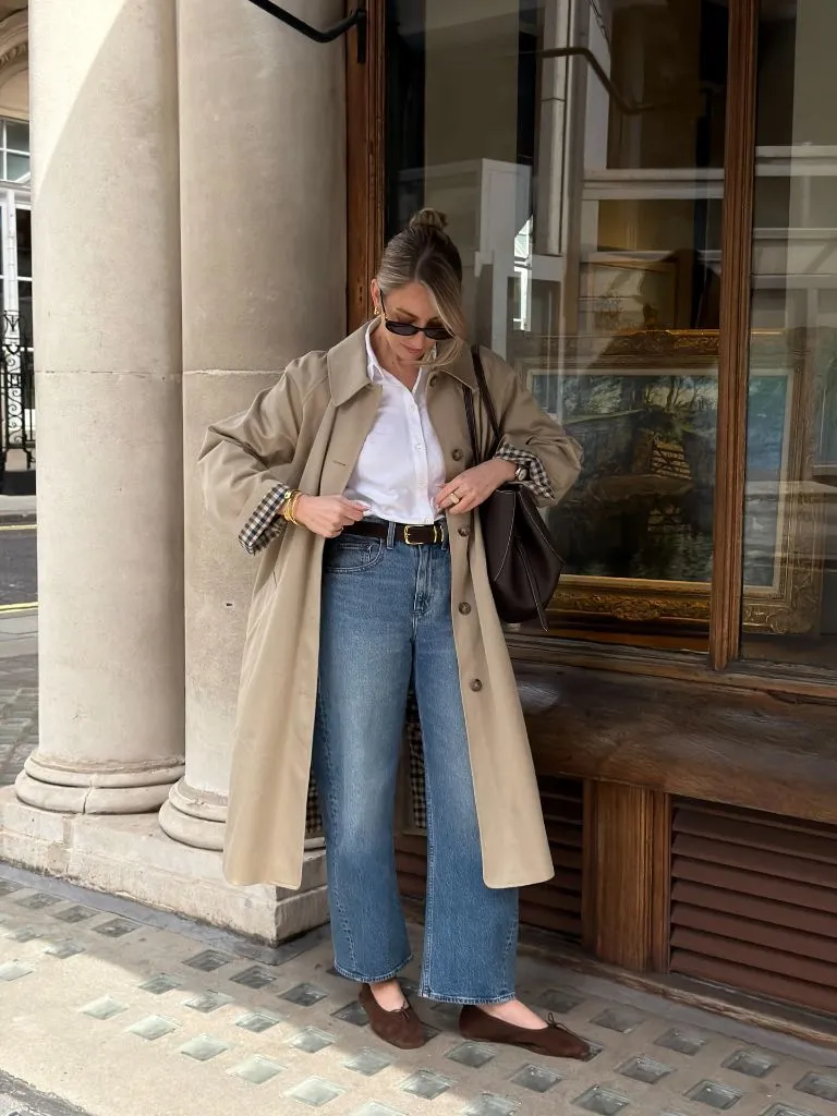 Fall Outfits With Coat 2026 Khaki Trench Full-Length With Oxford Wide Jeans and Ballet Flats