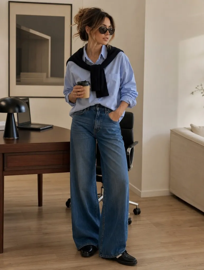 Fall Outfits with Blues for Work 2026 Light Blue Oxford With Sweater Drape and Weekend Ease