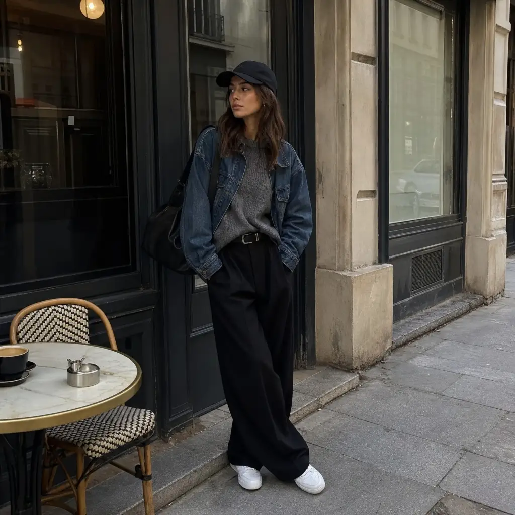Fall Outfits with Sneakers and Jeans 2026 Denim Jacket With Black Trouser Edge