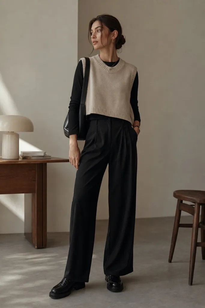 Fall Work Outfits 2026 ideas Beige Cropped Sweater Vest Over All-Black for Minimalist Contrast