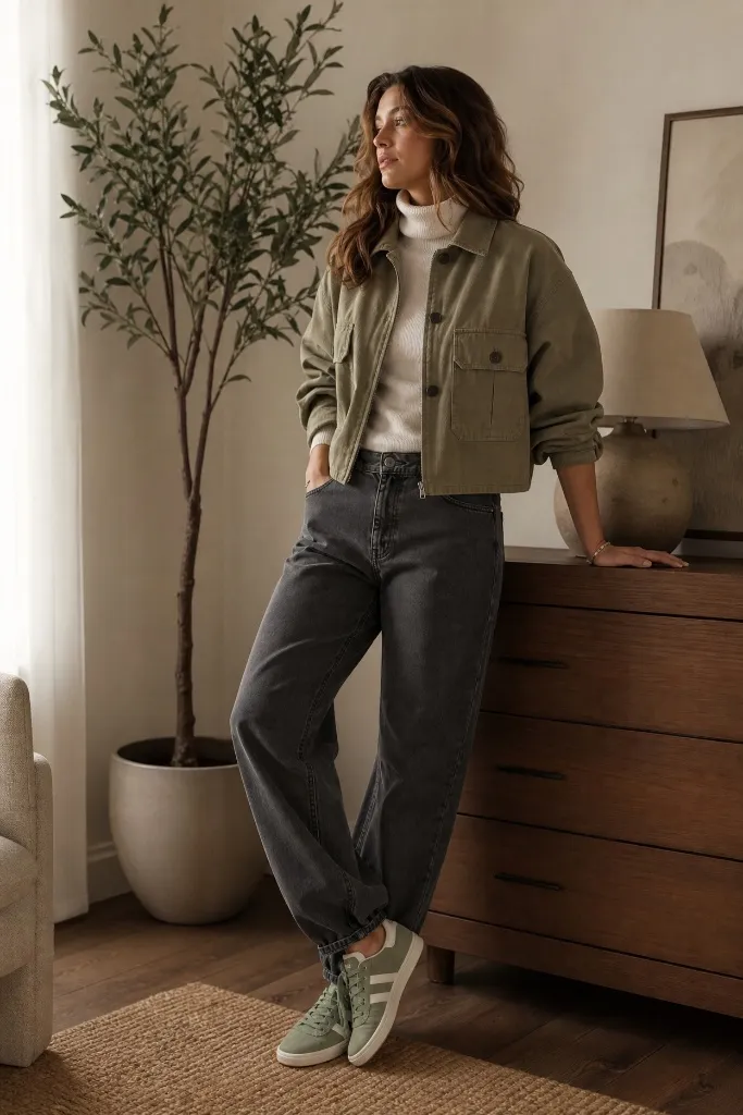 Fall Outfits with Sneakers and Jeans 2026 Olive Shirt Jacket With Warm Bedroom Glow
